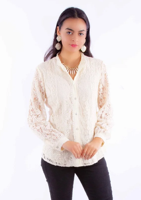 Laid-Back Wear Scully Womens Allover Lace Ivory Cotton Blend L/S Blouse