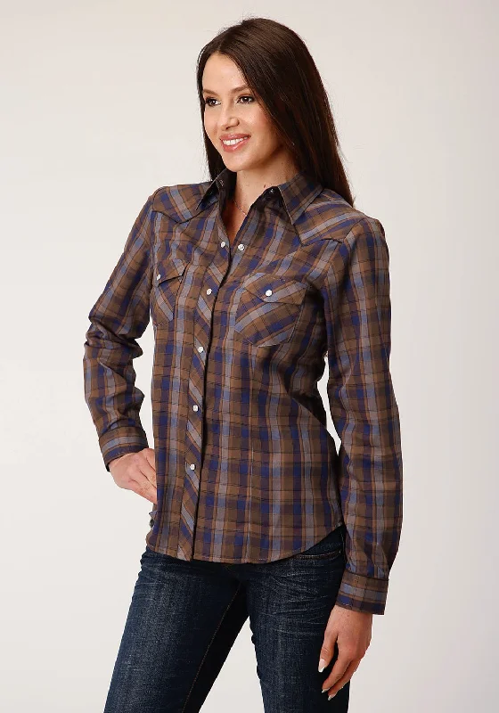 Street Style Roper Womens Camel Brown Plaid Blue Cotton Blend L/S Shirt
