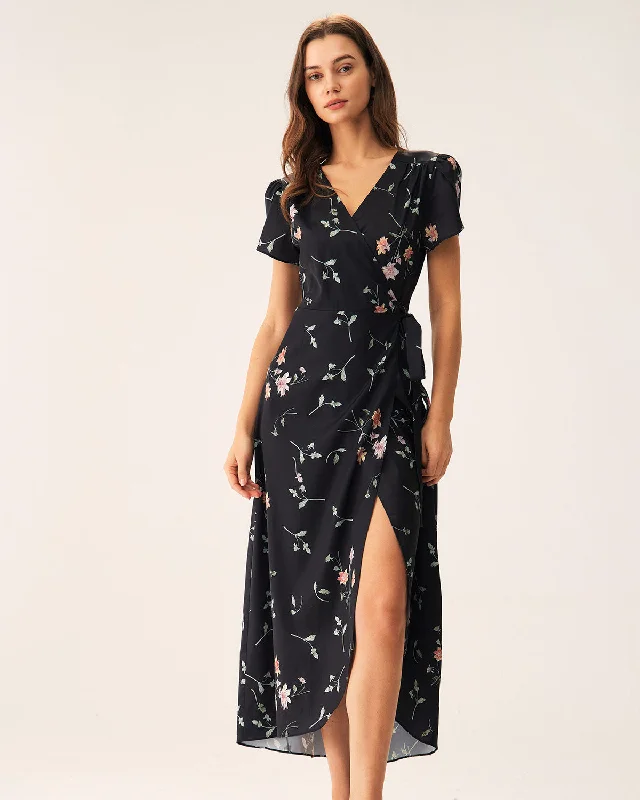 Puffer Jackets Black Floral Wrap Maxi Dress