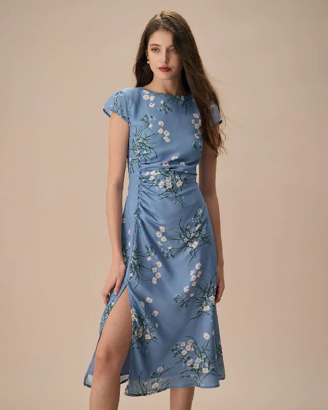 Casual Wear The Blue Round Neck Slit Floral Midi Dress