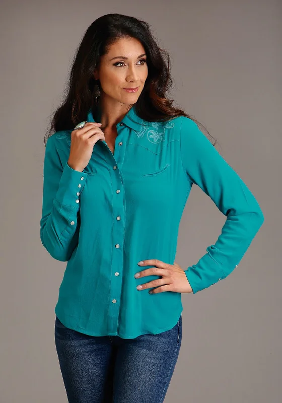 Premium Outfits Stetson Womens Turquoise Western Embroidered Blue Rayon Blend L/S Blouse
