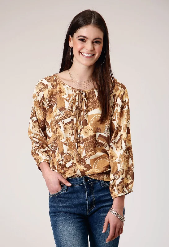 Cozy Fit Roper Womens Collage 3/4 Sleeve Brown 100% Rayon L/S Blouse
