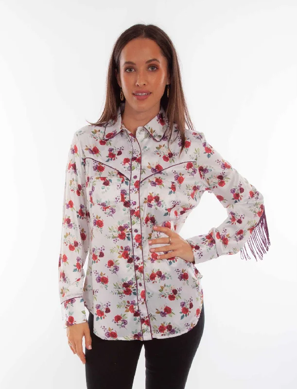 Casual Denim Scully Womens Floral Fringe White 100% Polyester L/S Blouse