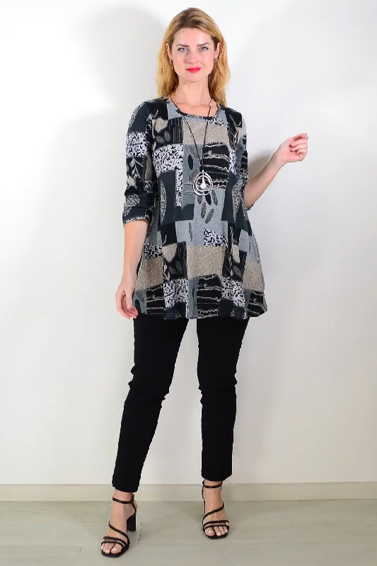 Basic Fashion Grey Abstract Print Fleece Tunic Top