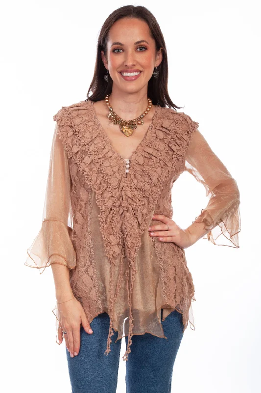Everyday Outfits Scully Womens Natural Cotton Blend Double Ruffle S/S Blouse