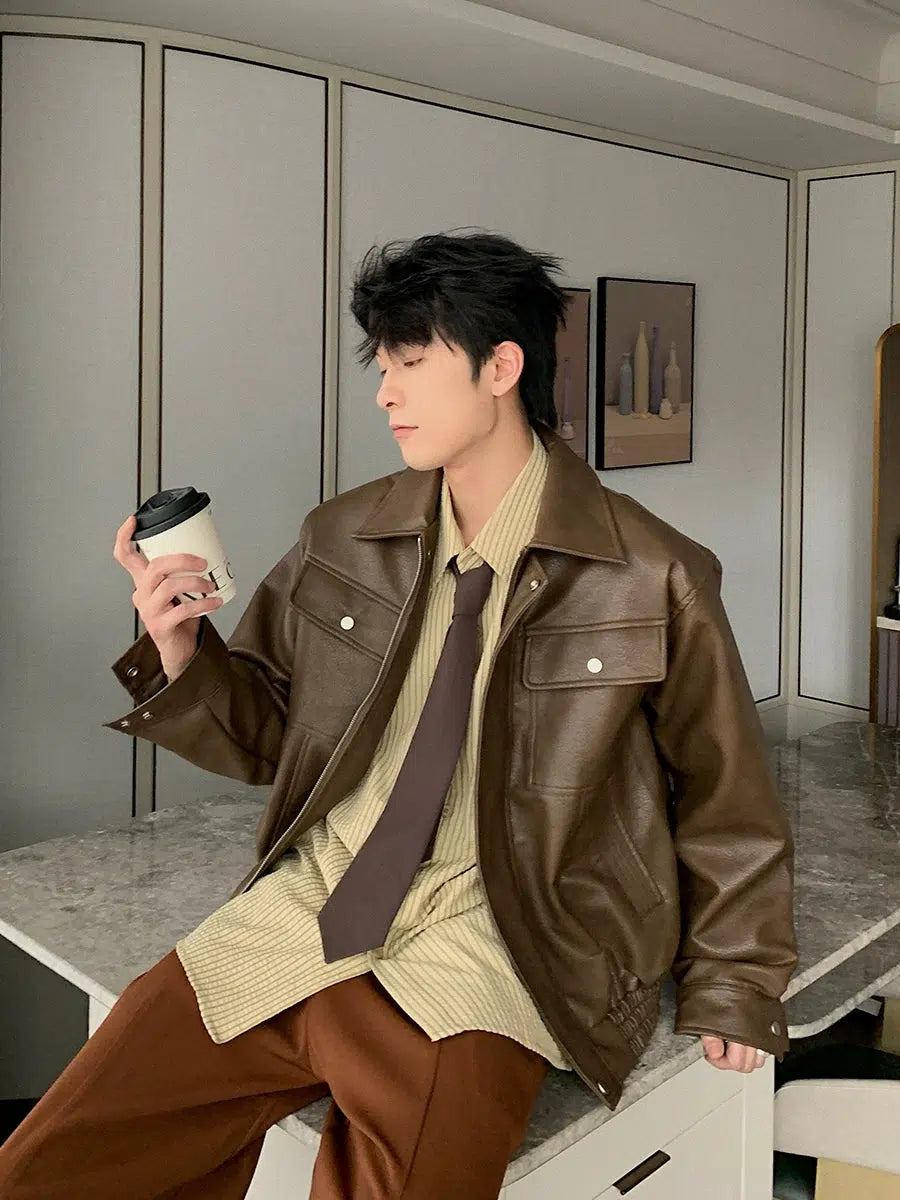 Lightweight Outerwear Front Pockets Classic Leather Jacket