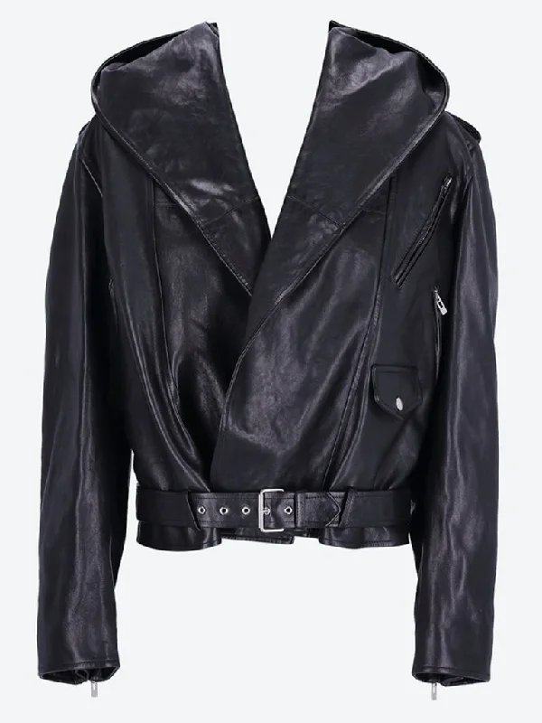Monochrome Style Washed leather hooded biker jacket