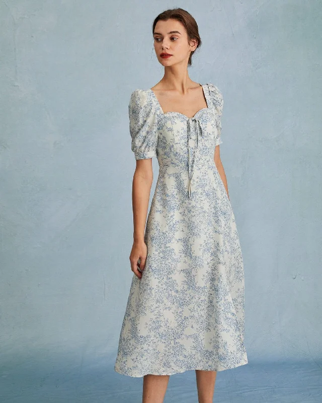 Casual Chinos The Blue Sweetheart Neck Puff Sleeve Floral Midi Dress