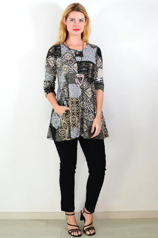 Weekend Wear Brown Abstract Print Fleece Tunic Top
