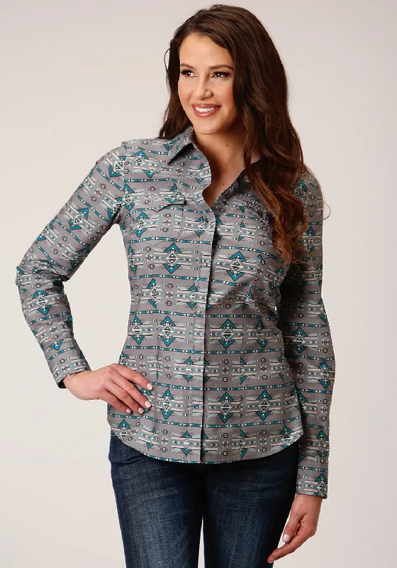 Cozy Apparel Roper Womens Geometric Aztec Grey 100% Cotton L/S Shirt