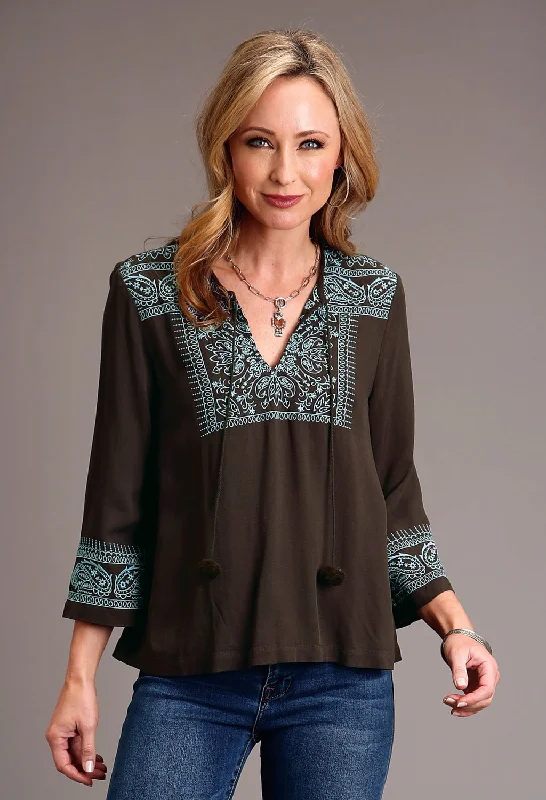 Outdoor Clothing Stetson Womens Twill V-Neck Chocolate 100% Rayon L/S Blouse