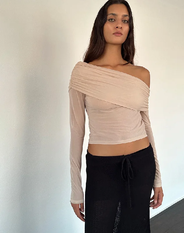 Tailored Comfort Chidi Sheer Mesh Bardot Top in Camel