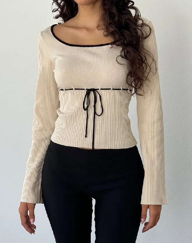 Sporty Wardrobe Juhye Knitted Long Sleeve Top in Beige with Black Binding