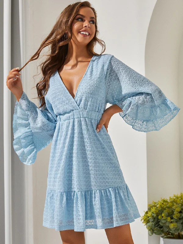 Versatile Outfits Plain Tie Back Long Sleeve Deep V Neck Flounce High Waist Short Dress