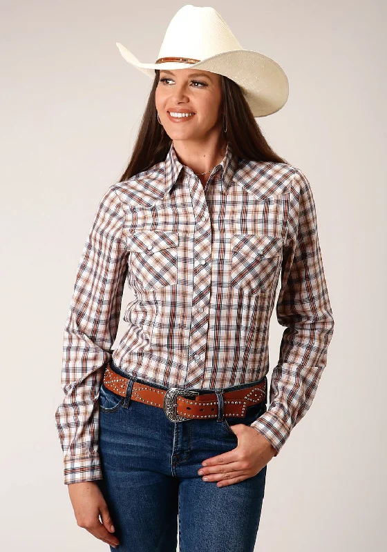 Casual Essentials Roper Womens 55/45 Plaid Navy/Gold/Rust Cotton Blend L/S Shirt