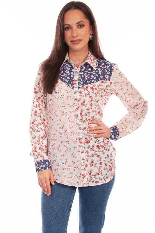 Comfy Sweaters Scully Womens Multi-Fabric Floral Vintage 100% Polyester L/S Shirt