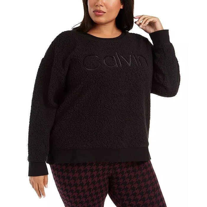 Calvin Klein Women's Embroidered Sherpa Sweatshirt Black Size 1X