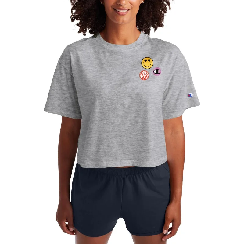 Bold Prints Champion Womens Get Happy Crop Graphic Pullover Top