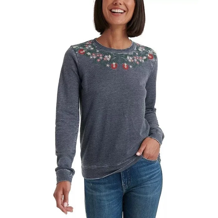 Lucky Brand Women's Necklace Embroidered Sweatshirt Navy Size X-Small - XS