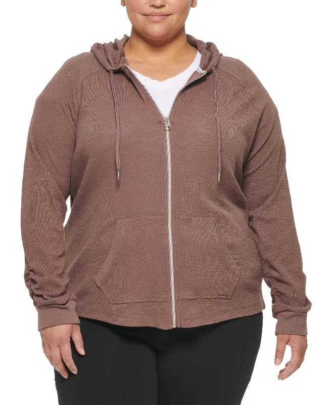Designer Outerwear Plus Size Ruched-Sleeve Zip Hoodie