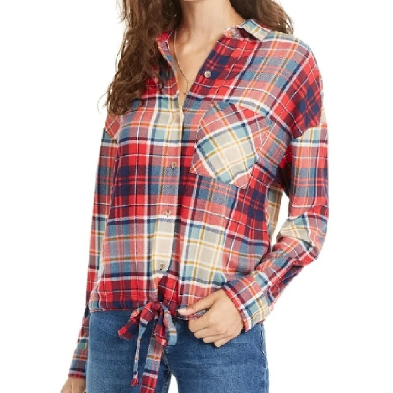 Polly & Esther Juniors' Soft Drawstring-Hem Plaid Shirt Red Size Extra Large - X-Large