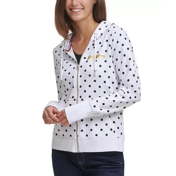 Tommy Hilfiger Women's Dot-Print Logo Hoodie White Size Large