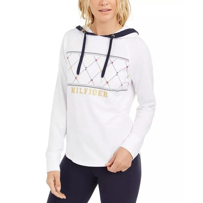 Tommy Hilfiger Women's Sport Argyle Panel Hoodie White Size XX-Large - XXL