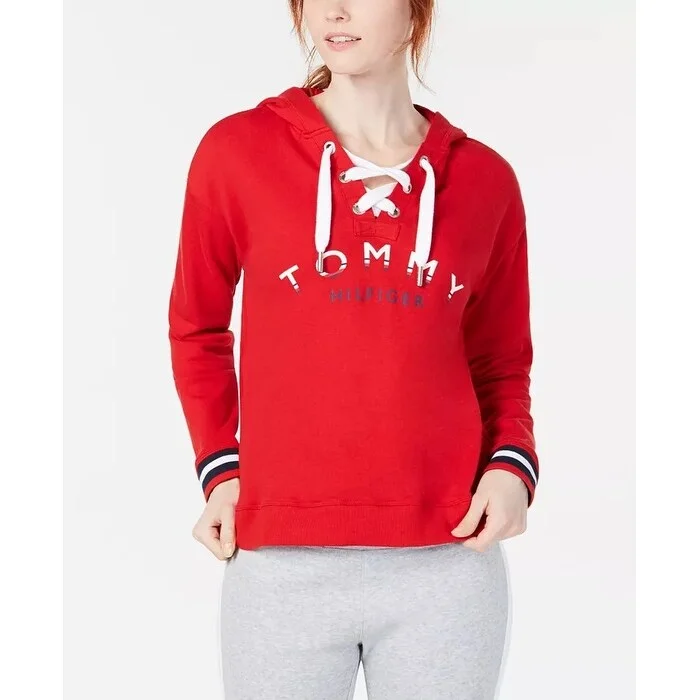 Tommy Hilfiger Women's Sport Lace-Up Logo Hoodie Medium Red Size Extra Large - X-Large