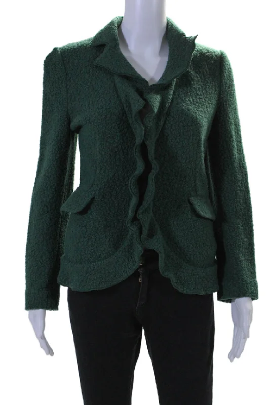 Armani Collezioni Womens Wool V Neck Button Up Ruffle Fleece Jacket Green