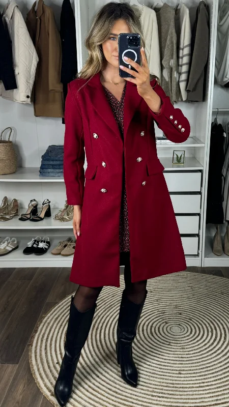 Denim Shirts Camilla Burgundy Collared Gold Button Detail Coat