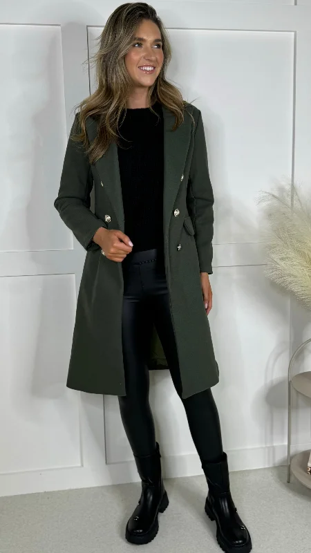 Fashion Vests Camilla Khaki Collared Gold Button Detail Coat