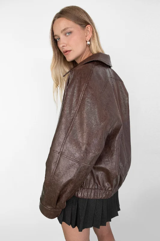 Long Trench Coats DISTRESSED VEGAN LEATHER BOMBER JACKET