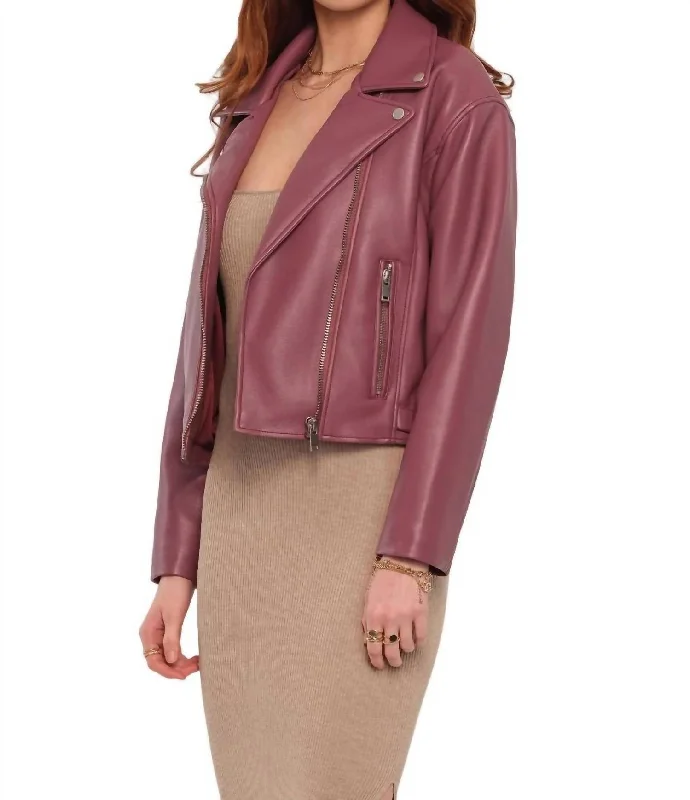 Modern Casuals Faux Leather Moto Jacket In Purple Mauve