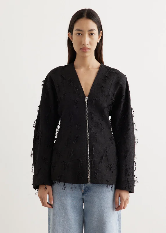 Soft Streetwear Fringed Tweed Curve Sleeve Blazer