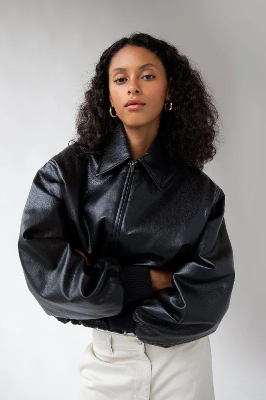 Casual Chic VEGAN LEATHER BUBBLE HEM BOMBER JACKET