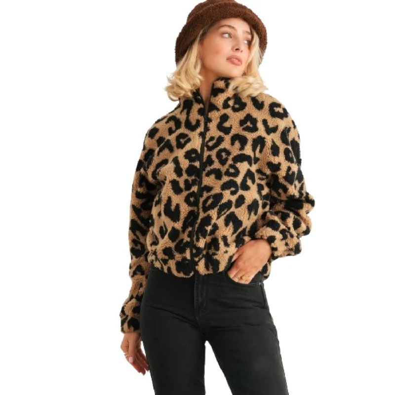 Street Hoodies Leopard Teddy Zip-up Two Pocket Jacket