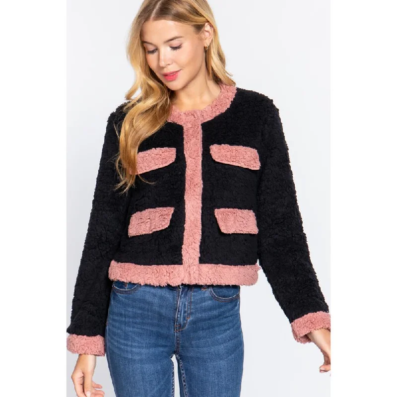 Sporty Jackets Long Sleeve Pocket Detail Faux Fur Jacket