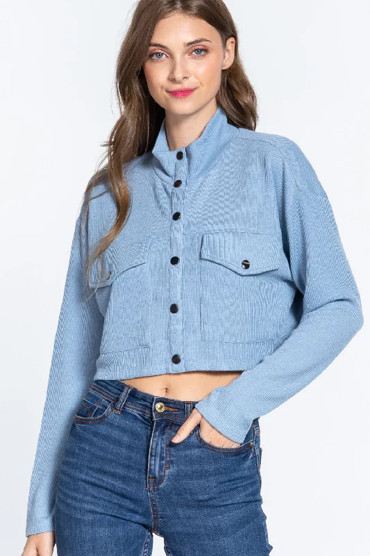 Puffer Jackets Long Slv Snap Button Crop Jacket