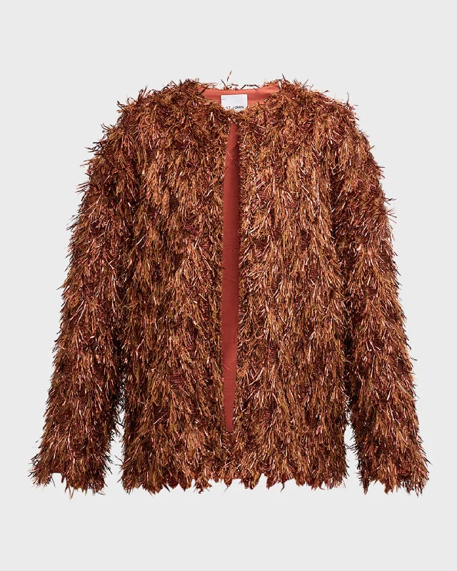 Relaxed Looks Metallic Sequin Faux-Fur Fringe Knit Jacket