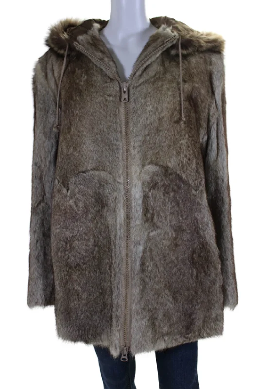 Patchin Furs Womens Brown Fox Fur Hooded Full Zip Long Sleeve Jacket