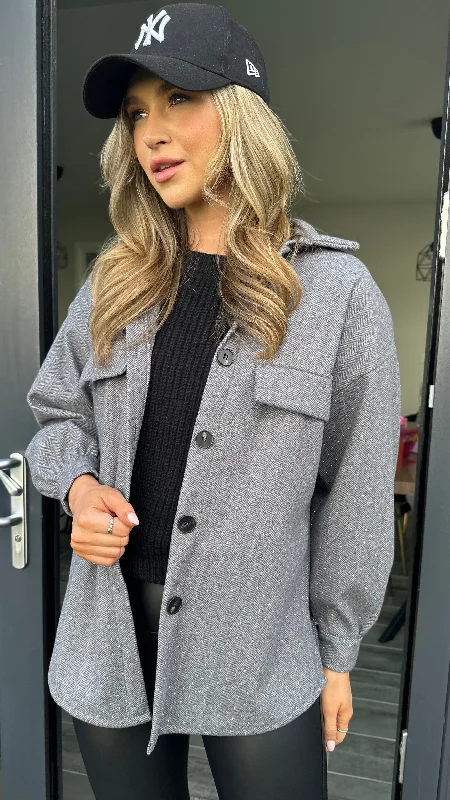 Leather Jackets Phoebe Grey Button Down Embellished Shacket