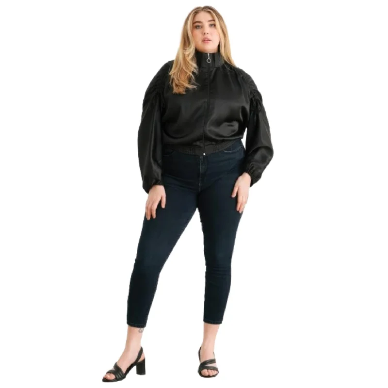 Chunky Sneakers Plus Satin Zip-up Ruched Long Sleeve Cropped Bomber Jacket