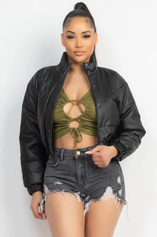 Designer Scarves Snap Button Padded Crop Jacket