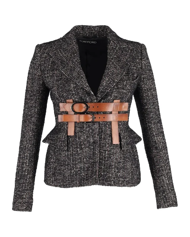 Casual Boots Tom Ford Couture Tweed Jacket with Leather Trim in Grey Wool