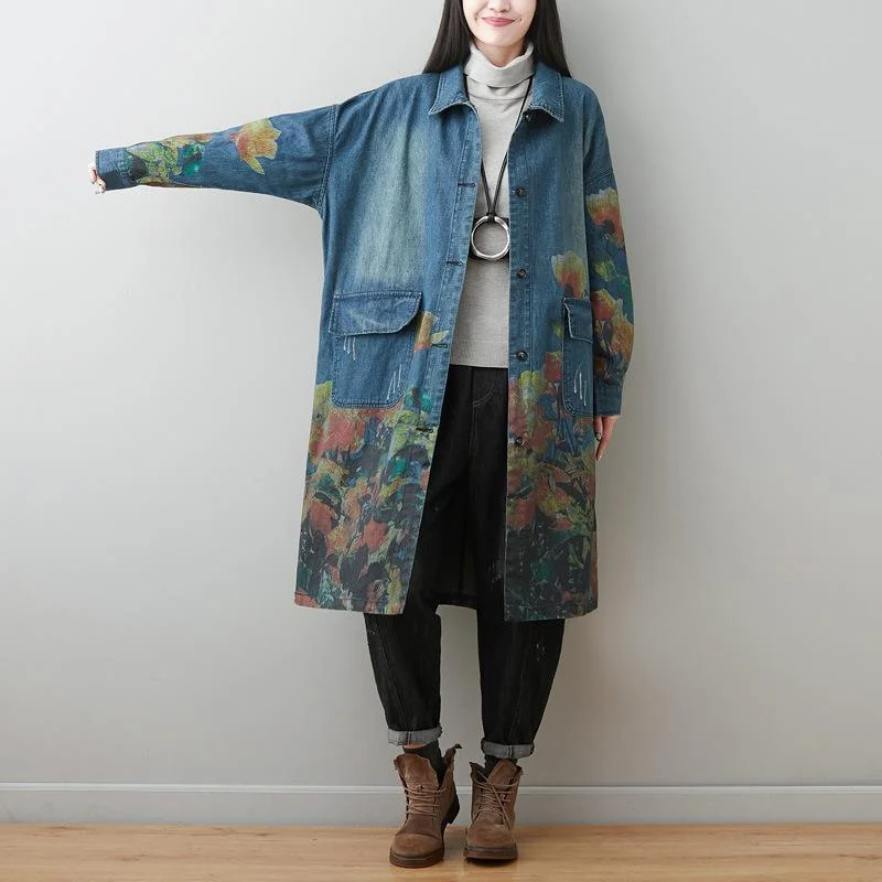 Turn-down Collar Floral Print Denim Coat 2020 New Long Sleeve Pockets Women Windbreaker