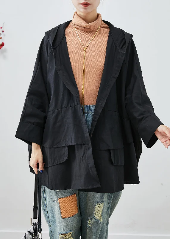 Unique Black Oversized Patchwork Cotton Jacket Batwing Sleeve