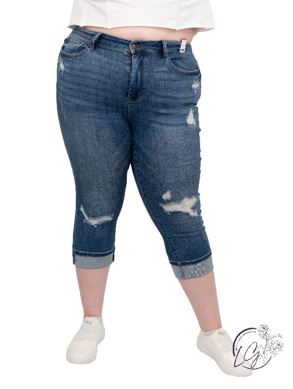 Classic Pieces Curvy Cheri Mid-Rise Distressed Capri by Judy Blue