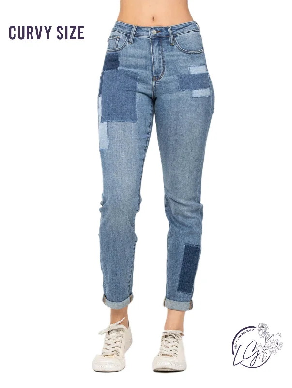 Weekend Wear Curvy Eliza High-Rise Patched Boyfriend by Judy Blue