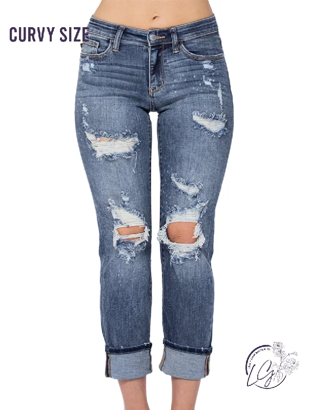 Sporty Trends Curvy Gracie Mid-Rise Bleach Splash Boyfriend by Judy Blue