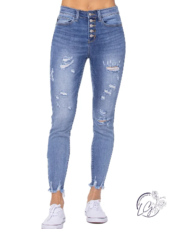 Cozy Pants Mona High-Rise Distressed Button Fly Skinny by Judy Blue